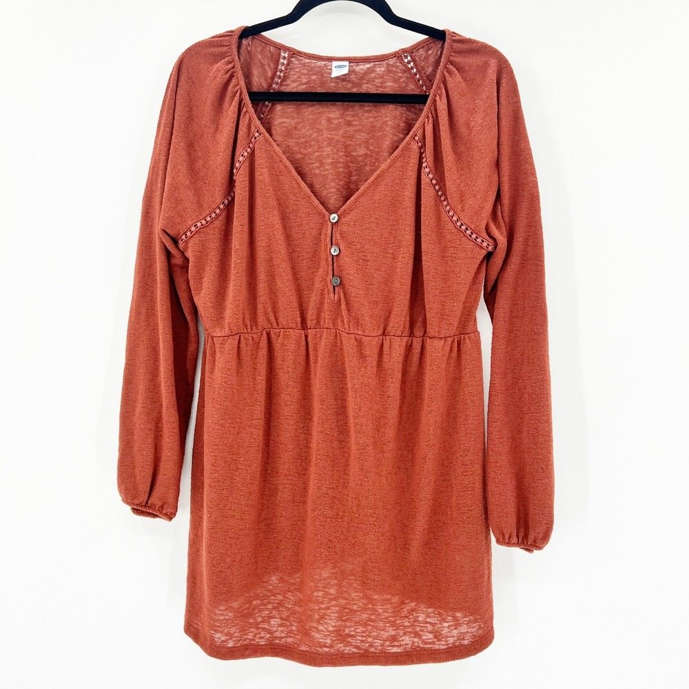 Old Navy Tunic Maternity Medium Rust Good Crochet Lace Henley Long Sleeve Knit